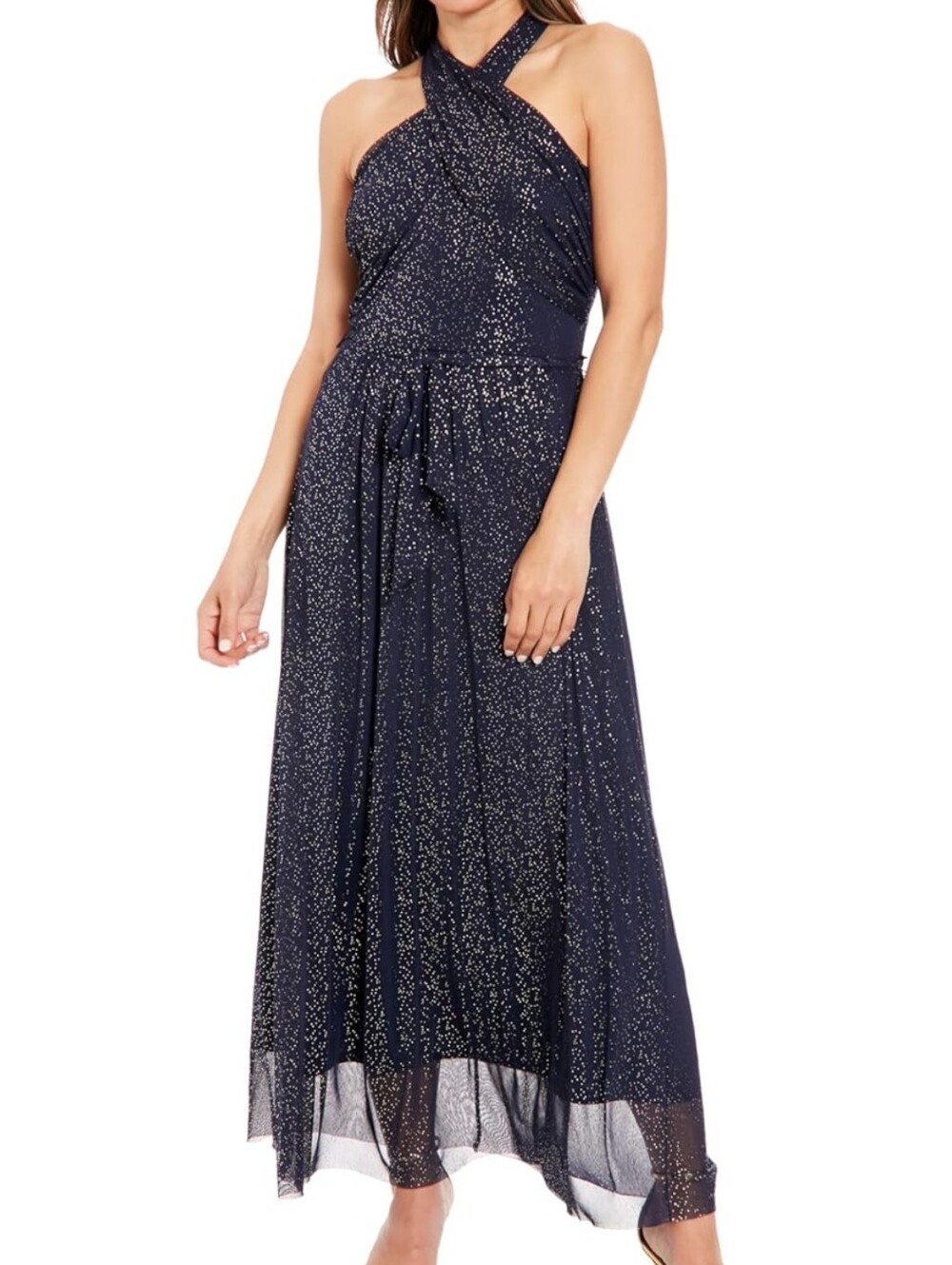 London Times Navy Halter Maxi Dress with Metallic Dot Detail Size 14